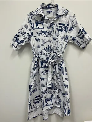 Katie Kime Blue and White Marfa print cotton shirtdress size S thumbnail 1