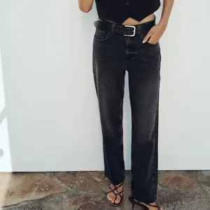 Zara High Rise Straight Leg Raw Hem Jeans Faded Black Size‎ 2 thumbnail 2