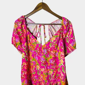 RESA Amber Floral Mini Dress‎ Size S Pink Puff Sleeve Open Back Tie thumbnail 4