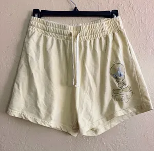 Pale Yellow Tweety Graphic Athletic Shorts with Drawstring Waist thumbnail 1