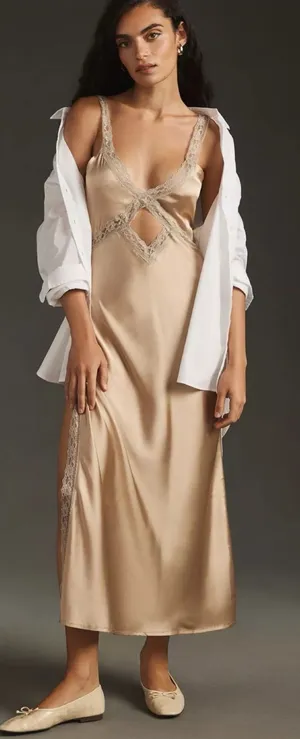 By Anthropologie Reversible Lace-Trimmed Sleep Dress Satin Gold Cutout Sz L 🧡🎀 thumbnail 1