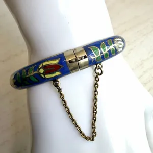 Vintage Thailand Cloisonné Floral Bangle Bracelet Blue Enamel Hinged thumbnail 8
