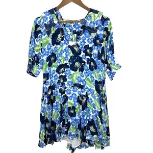 Free People Floral Print Mini Dress Blue Green Moon Chaser Tiered Shift Med NWT‎ thumbnail 2