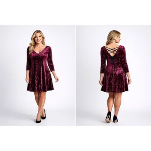 A Byer 90s Y2K Burgundy Crushed Velvet Black Tie Up Back V-neck Dress L Holiday thumbnail 2