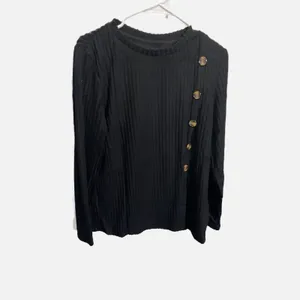 Womens Black Ribbed Knit Long Sleeve Top Asymmetrical Button Accent Boho‎ Large thumbnail 3