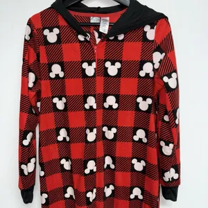 Disney Mickey Mouse One Piece Pajamas Womens Medium Hooded Ears Red Black Fleece thumbnail 3