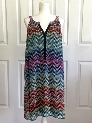 Tacera Multicolor Chevron Sleeveless V-Neck Lined Summer Dress Size XL NEW thumbnail 2
