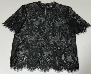 Black Victorian Floral Lace Mock-Neck Short Sleeve Blouse Top Shirt Size M 🖤 thumbnail 1
