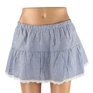 NEW Edikted Blue White Seersucker Striped Tiered Lace A Line Mini Skirt Size M thumbnail 1
