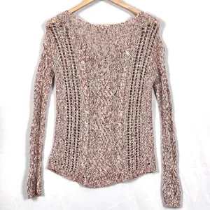 Free People Open Cable Knit Sweater Womens Small Pullover Cotton Linen Boho Pink thumbnail 2