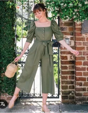 Gal Meets Glam‎ Anthropologie linen green puff sleeves jumpsuit size 6 vacation thumbnail 1