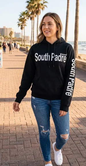 Gildan Black Women's South Padre Pullover Hoodie with White Logo thumbnail 1