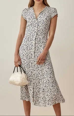 Reformation Fauna Floral Midi Dress Button Front Cap Sleeve‎ Cream Blue Size 0 thumbnail 1
