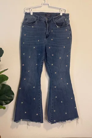 Judy Blue Dark Blue embroidered Star Accent super Flare bell bottom Jeans 20w thumbnail 1