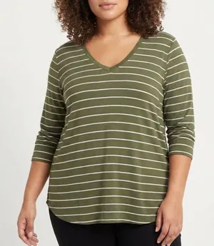 Old Navy Luxe T-Shirt Womens XL Green Striped Stretch High Low Hem Long Sleeve thumbnail 1