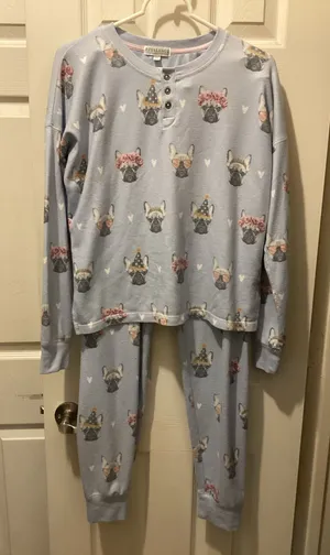 P.J. Salvage Light Blue Girls' Pajama Set with French Bulldog Motif thumbnail 1