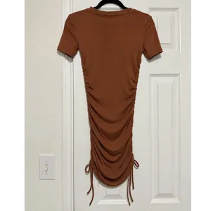Zara Brown Ribbed Ruched Side Drawstring Bodycon Mini Dress Small Stretch thumbnail 4