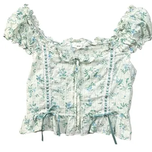 Mine Floral Swiss Dot Crop Top Lace Ribbon Puff Sleeve White Blue Women's‎ L thumbnail 2