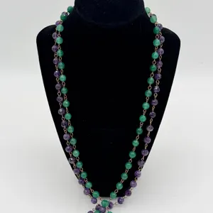 Purple Green faceted Bead 2 Necklace Set Layered Boho Statement Gold Tone 34" thumbnail 3