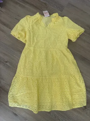 Womens Yellow Eyelet Tiered Dress puff sleeve thumbnail 1