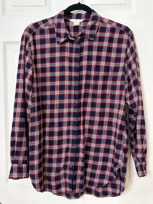 H&M LOGG Plaid Flannel Shirt Womens 6 Red Blue Buffalo Check Grunge Casual Top thumbnail 2
