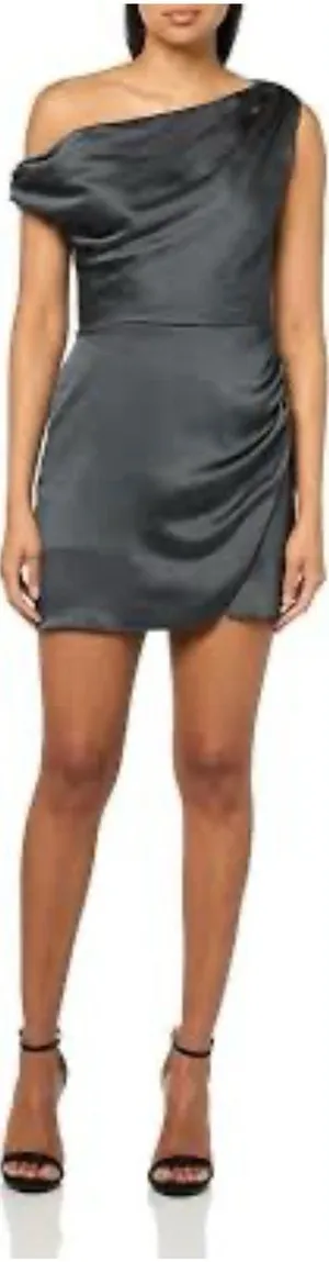 Show Me Your MuMu One-Shoulder Satin Mini Dress in Charcoal Gray thumbnail 1