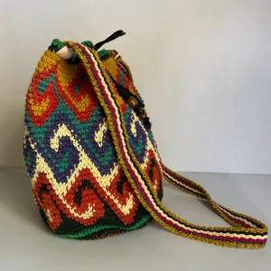 Boho Multicolor Woven Bucket Bag Crossbody Drawstring Ethnic Artisan Style Pink thumbnail 4