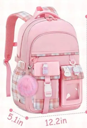 Girls Pink Plaid Multi-Pocket School Backpack with Pom-Pom Charm thumbnail 3