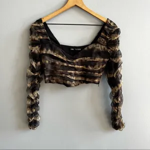 Zara CORSETRY TULLE CROP TOP Black Tan Long Sleeve Mesh Cropped Top Small NWT thumbnail 6