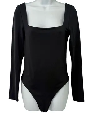 Babaton Black Square Neck Long Sleeve Nylon Spandex Thong Bodysuit Size L thumbnail 1