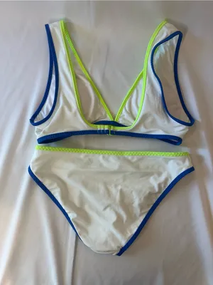 aerie White Bikini Set with Blue and Neon Green Trim thumbnail 2