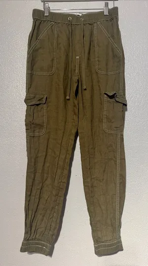 Nicole Miller Linen Cargo Jogger Pants Olive Green Sz S European Flax Contrast thumbnail 1