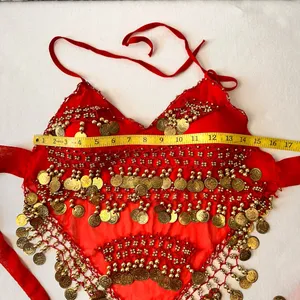 Belly Dance Costume Size M-L Red Golden Coins Halter Top & Hip Scarf thumbnail 4
