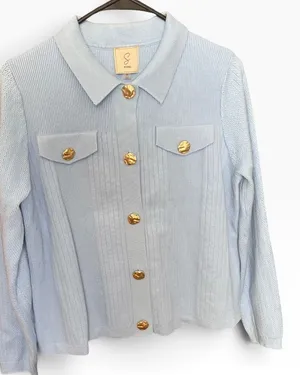 Sioni Light Blue Ribbed Knit Cardigan Gold Hammered Button Sweater Jacket Medium thumbnail 1