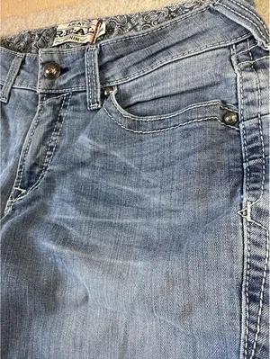 ARIAT REAL Mid Rise Boot Cut Denim Blue Jeans Womens 30L Med Wash FLAW thumbnail 5