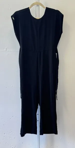 Loft Petites Black V-Neck Tie Waist Wide Leg Cropped Jumpsuit 0P Minimalist thumbnail 1
