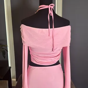 Pink 2 Piece Set Off the Shoulder Long Sleeve Crop Top & Skirt Size L NEW thumbnail 15