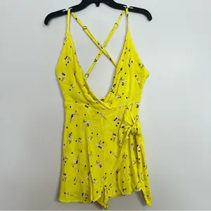 Free People‎ Tango At Night Electric Yellow Floral Wrap Shorts Romper Size 4 thumbnail 3