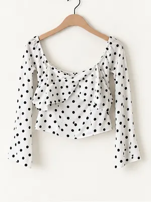 Reformation Ivory With Black Polka Dot Satin Wrap Cropped Long Bell Sleeve Top thumbnail 4