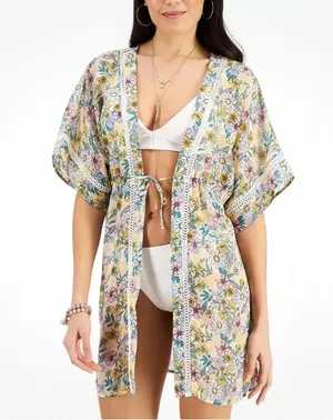 MIKEN' Kimono Cover-Up Swimsuit, Printed Multicolor Juniors’ Size XL thumbnail 1