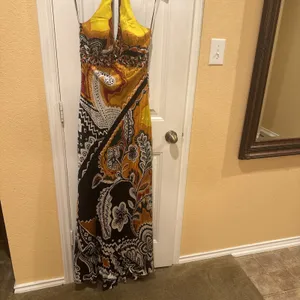 MARY L COUTURE Beads Halter print Dress Sz 10 Yellow Multi 100% SILK thumbnail 4