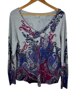 Chicos Paisley Knit Sweater Top Medium Multicolor Boho Soft Stretch Comfort Chic thumbnail 1