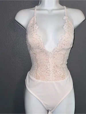 Windsor Cream White Lace V-Neck Bodysuit Top Womens Medium thumbnail 3