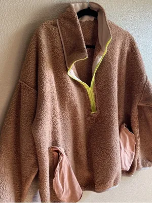 J.Crew Cozy Teddy Fleece Half-Zip Pullover Light Brown‎ with Neon Zip size XXL thumbnail 2