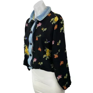 Vintage Romeo Black Floral Long Sleeve Denim Jean Button Down Shirt Top Size M thumbnail 2