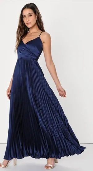 LULUS Prom Wedding Bridesmaid Sexy Elegant Navy Blue Pleated Maxi Dress thumbnail 1