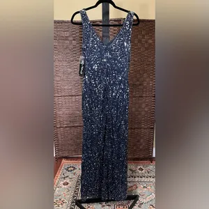 New Pisarro Nights Navy Beaded Sequin Gown Size 10 Elegant Formal Dress thumbnail 3