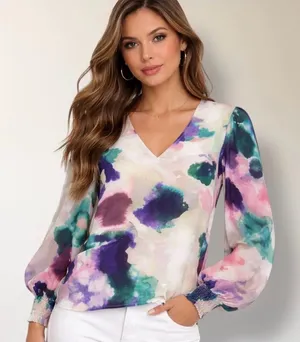 CAbi Mystic Watercolor V-Neck Blouse in Purple, Teal & Pink Sz M thumbnail 1