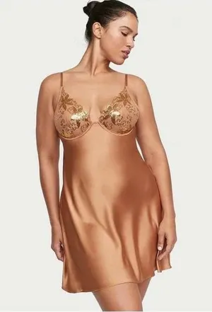 Victoria's‎ Secret XL Bronze Sequin Floral Underwire Slip Dress Gold Embroidery thumbnail 1