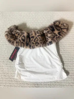 ROMWE White Off-Shoulder Cami with Leopard Fur Trim thumbnail 2